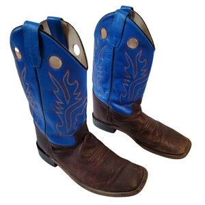 Old West Leather Brown Blue Western Boots Boys Sz 7D Rodeo Barn Country Style